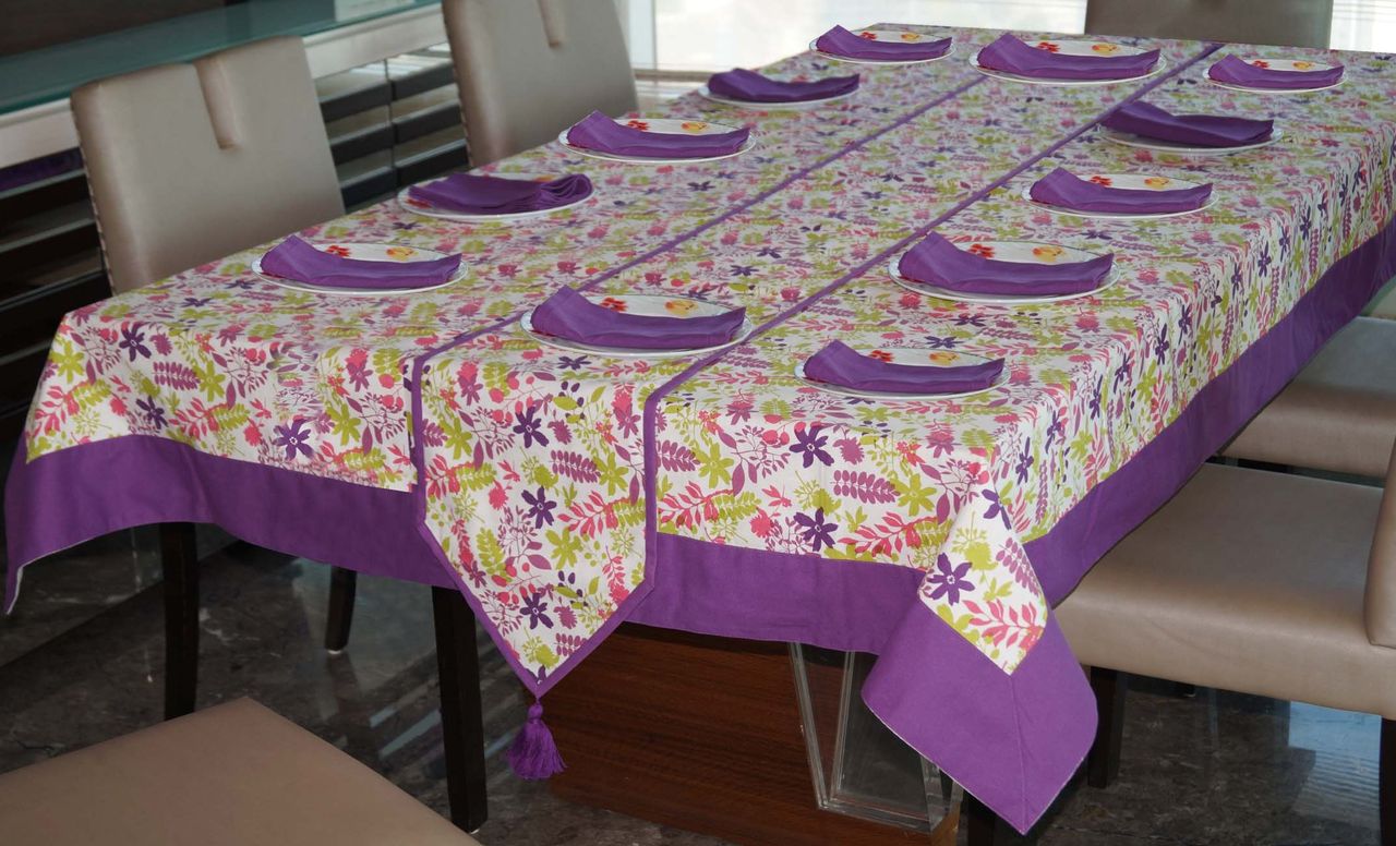 Lushomes Dining Table Set - Purple Rain Printed | 12 Seater | 72 x 120 inch | 12 x 132 inch | Napkins 17 x 17 inch