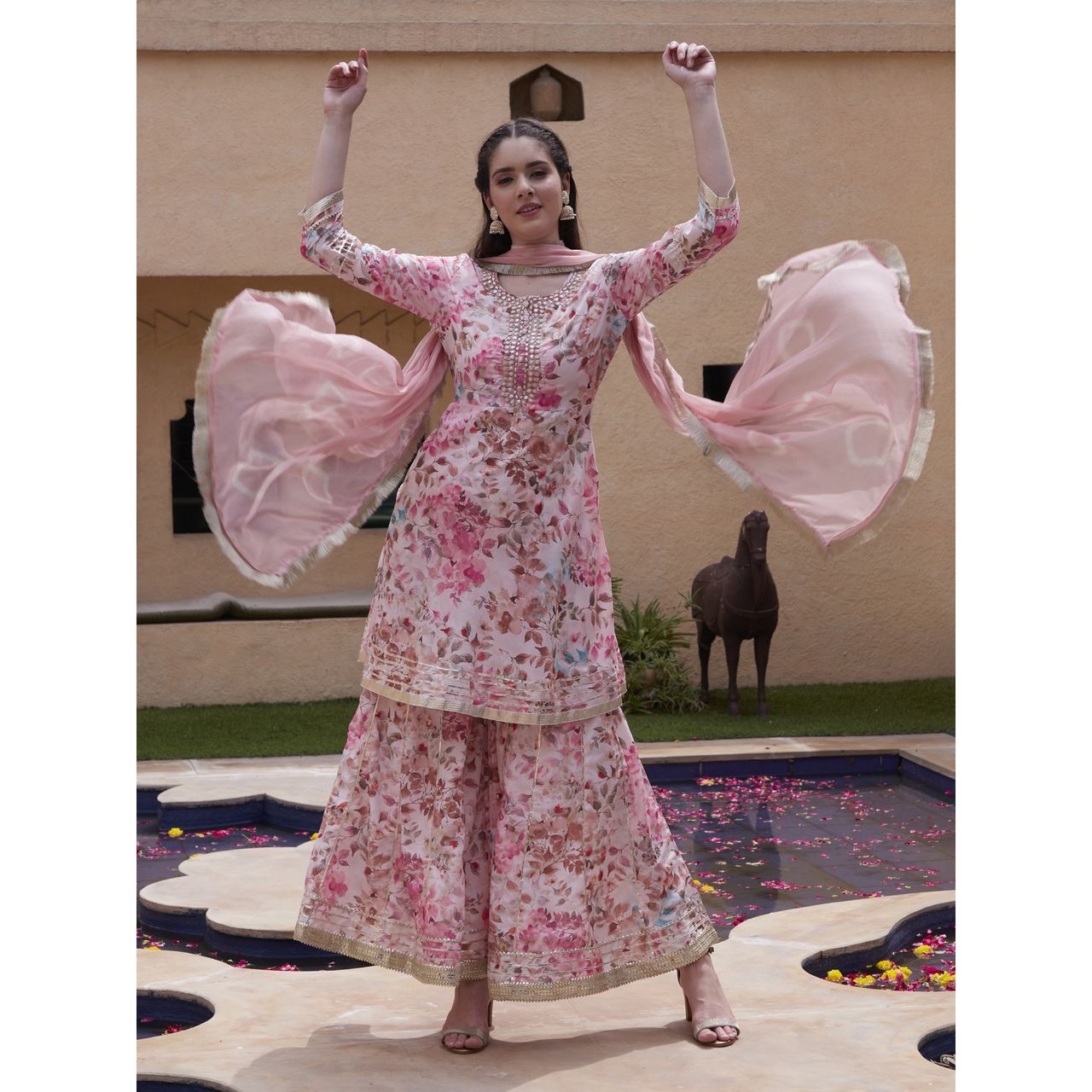 Bandia Women's Floral Printed Gota Patti Work Kurta Sharara Set with Dupatta | BANKS0128 | Pink | M