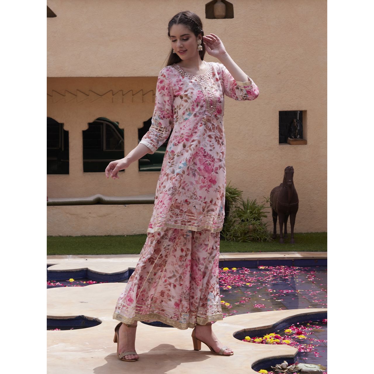 Bandia Women's Floral Printed Gota Patti Work Kurta Sharara Set with Dupatta | BANKS0128 | Pink | M