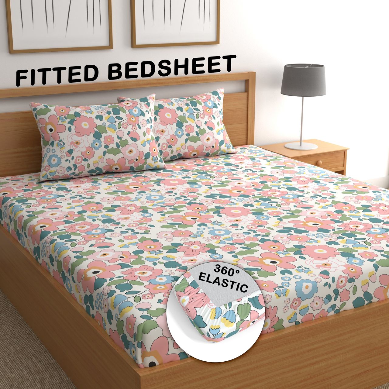 CG HOMES Fitted Elastic Double Bedsheet With Two Pillow Covers | Design Fitted Db1338