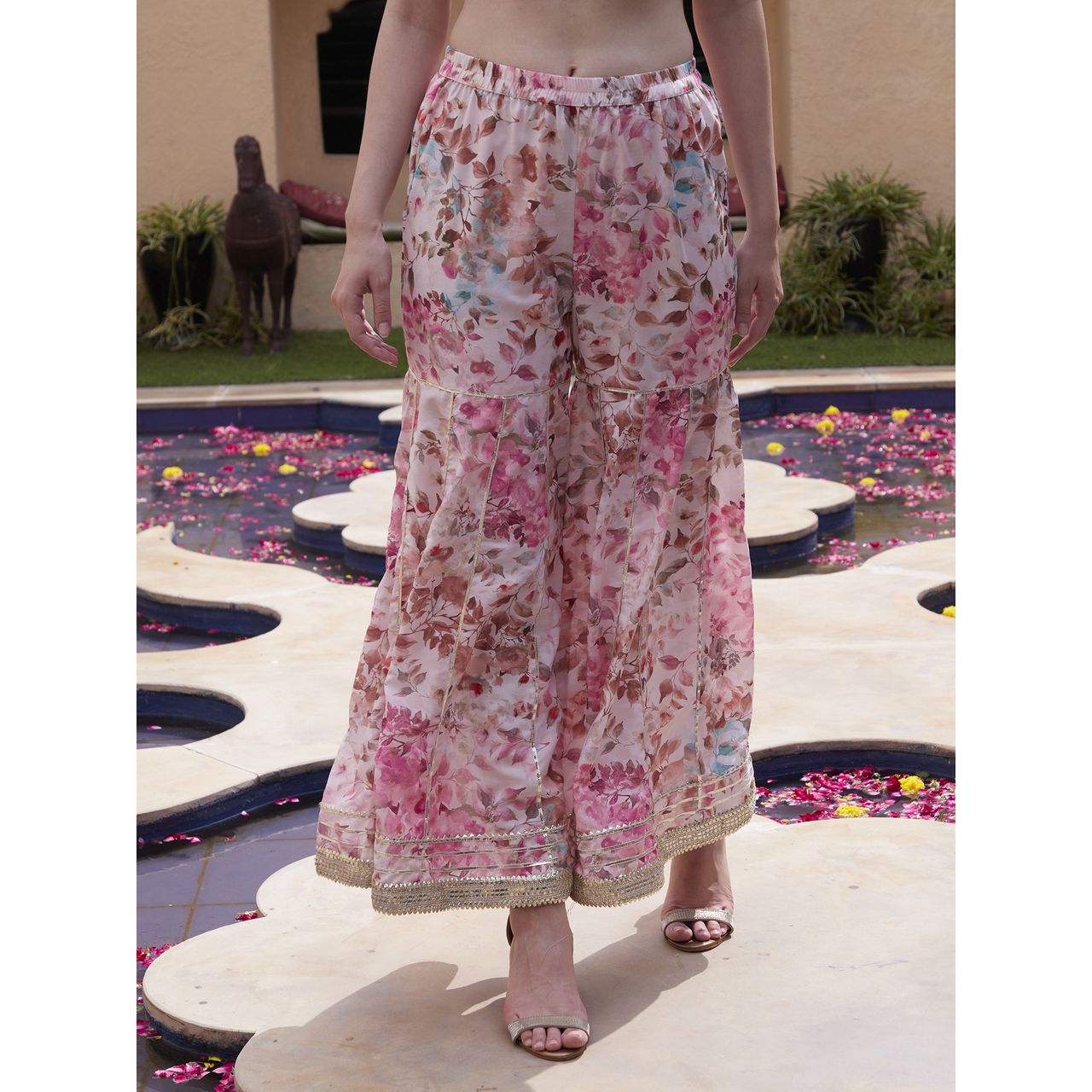 Bandia Women's Floral Printed Gota Patti Work Kurta Sharara Set with Dupatta | BANKS0128 | Pink | M