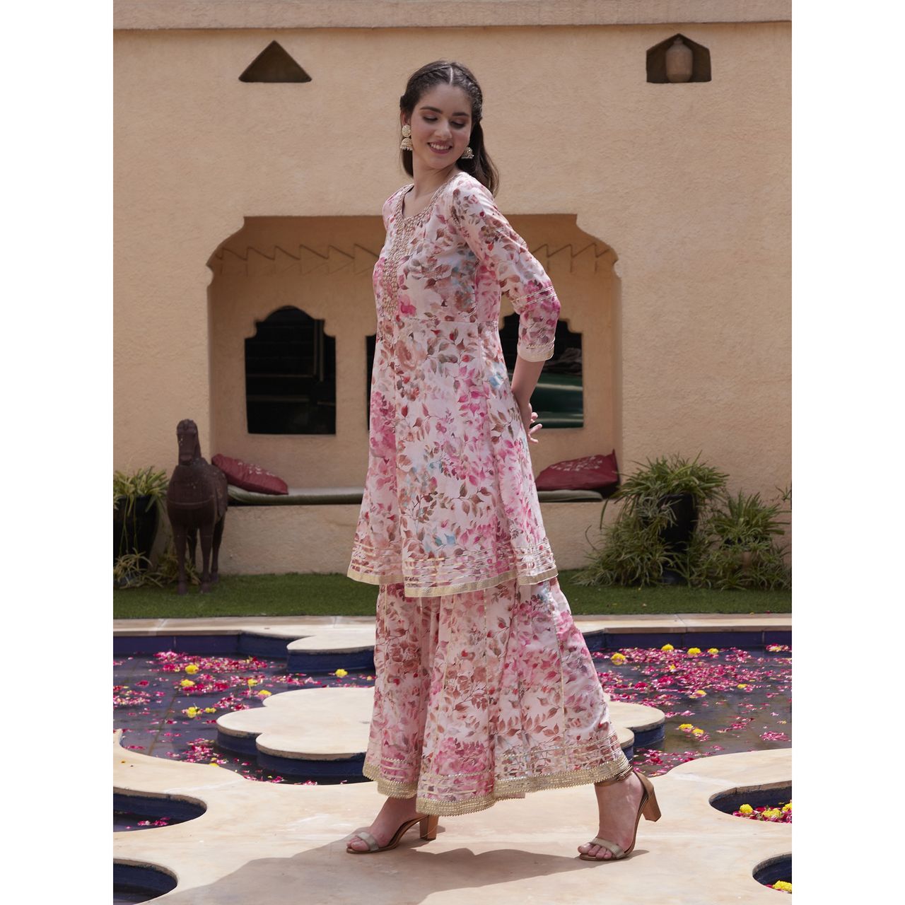 Bandia Women's Floral Printed Gota Patti Work Kurta Sharara Set with Dupatta | BANKS0128 | Pink | M