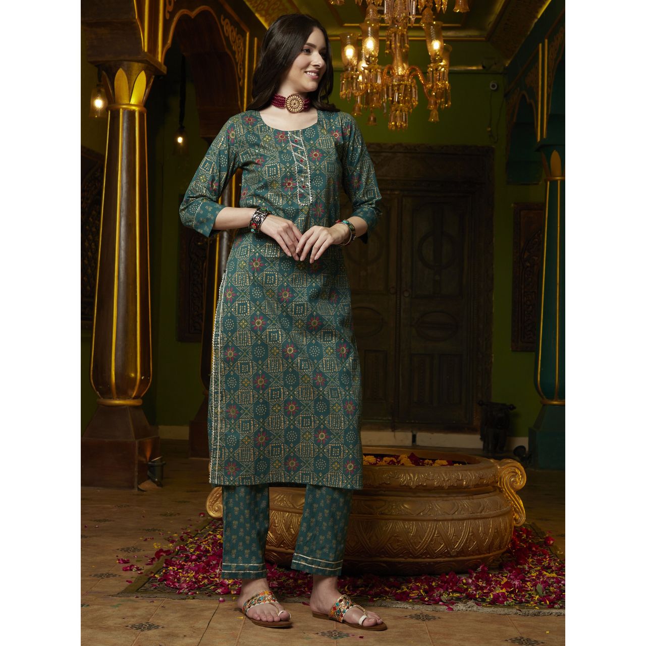 Bandia Women's Abstract Gold Kurta Trouser Set with Tie N Dye Dupatta | BANKS0092 | Green | L