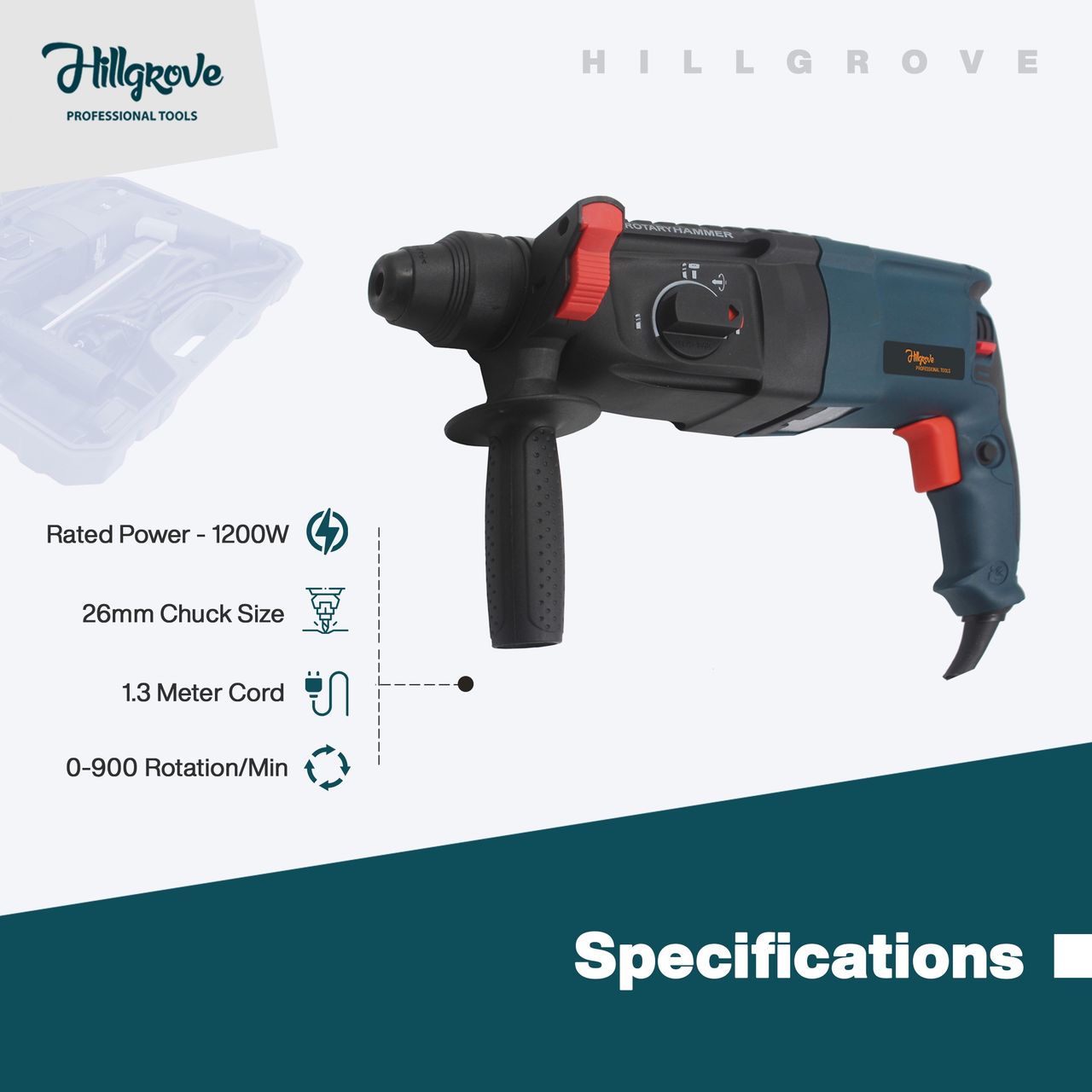 Hillgrove Hzp65M1 Hammer Drill Machine With Chuck,Drill Bits,Tool Kit | 26 mm Chuck Size, 1200 W