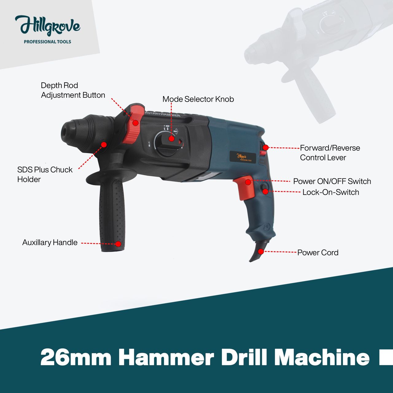 Hillgrove Hzp65M1 Hammer Drill Machine With Chuck,Drill Bits,Tool Kit | 26 mm Chuck Size, 1200 W