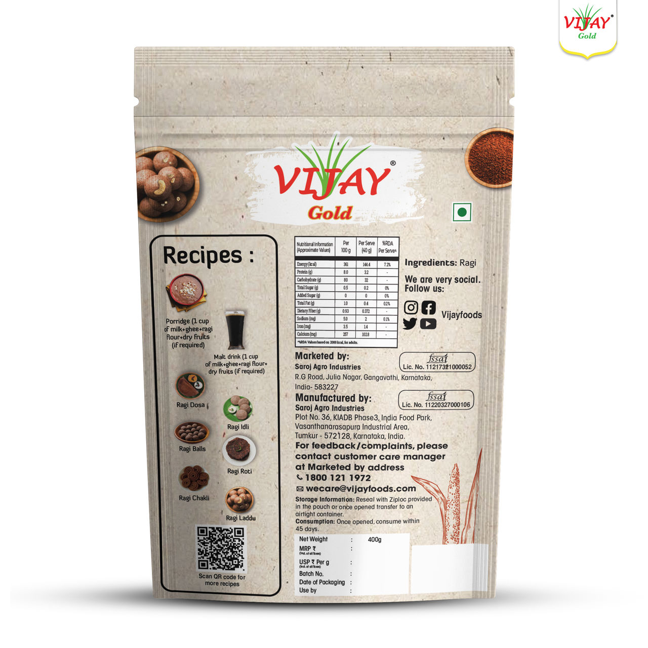 Vijay Gold Ragi Huri Hittu Popped Ragi Flour