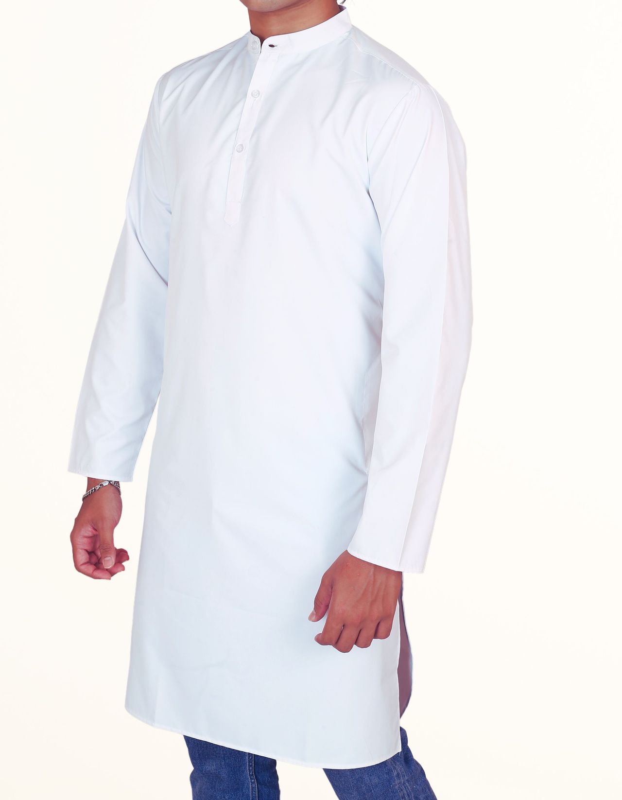 EQL Men's Cotton Linen Button Placket Long Kurta for Men | White - L