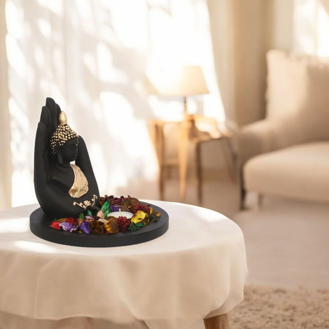 eCraftIndia Majestic Black and Golden Polyresin Palm Buddha Statue with Wooden Base