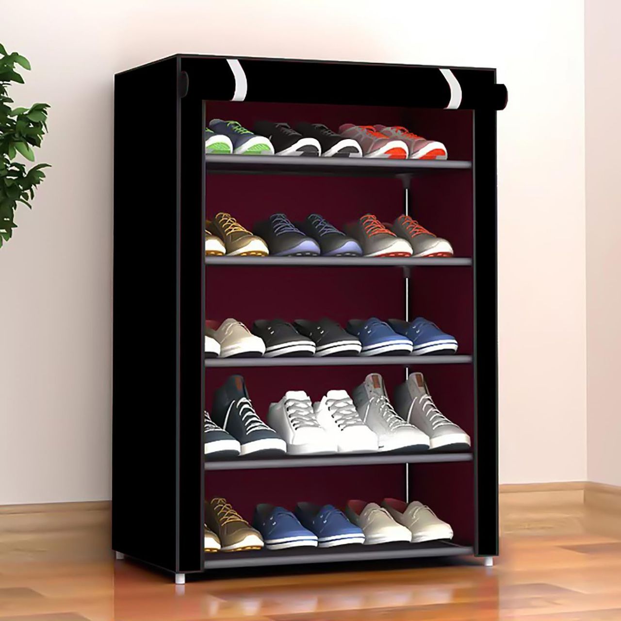 Kuber Industries Non-Woven Foldable 5 Shelves Shelf Shoe Rack for Shoe | Books (Black)