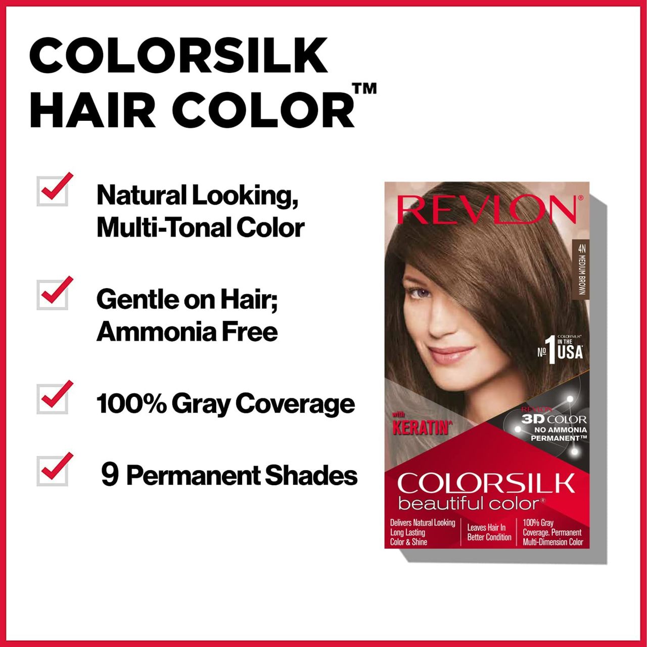 Revlon ColorSilk Hair Color with Keratin - 4N Medium Brown - (with Outrageous Shampoo 90 ml)
