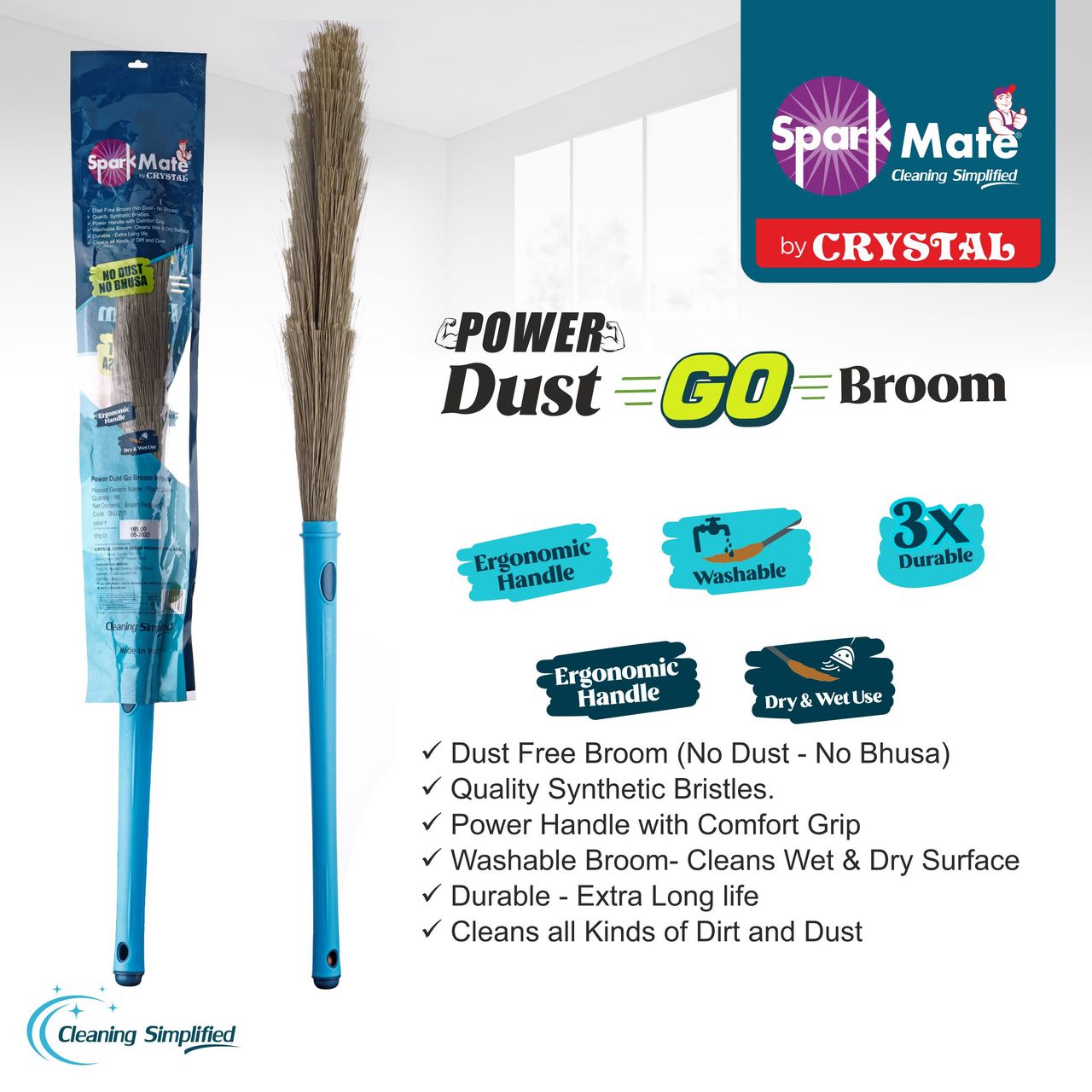 Sparkmate By Crystal No Dust Broom - Jhadu Xtra Long Handle Easy Floor Cleaning