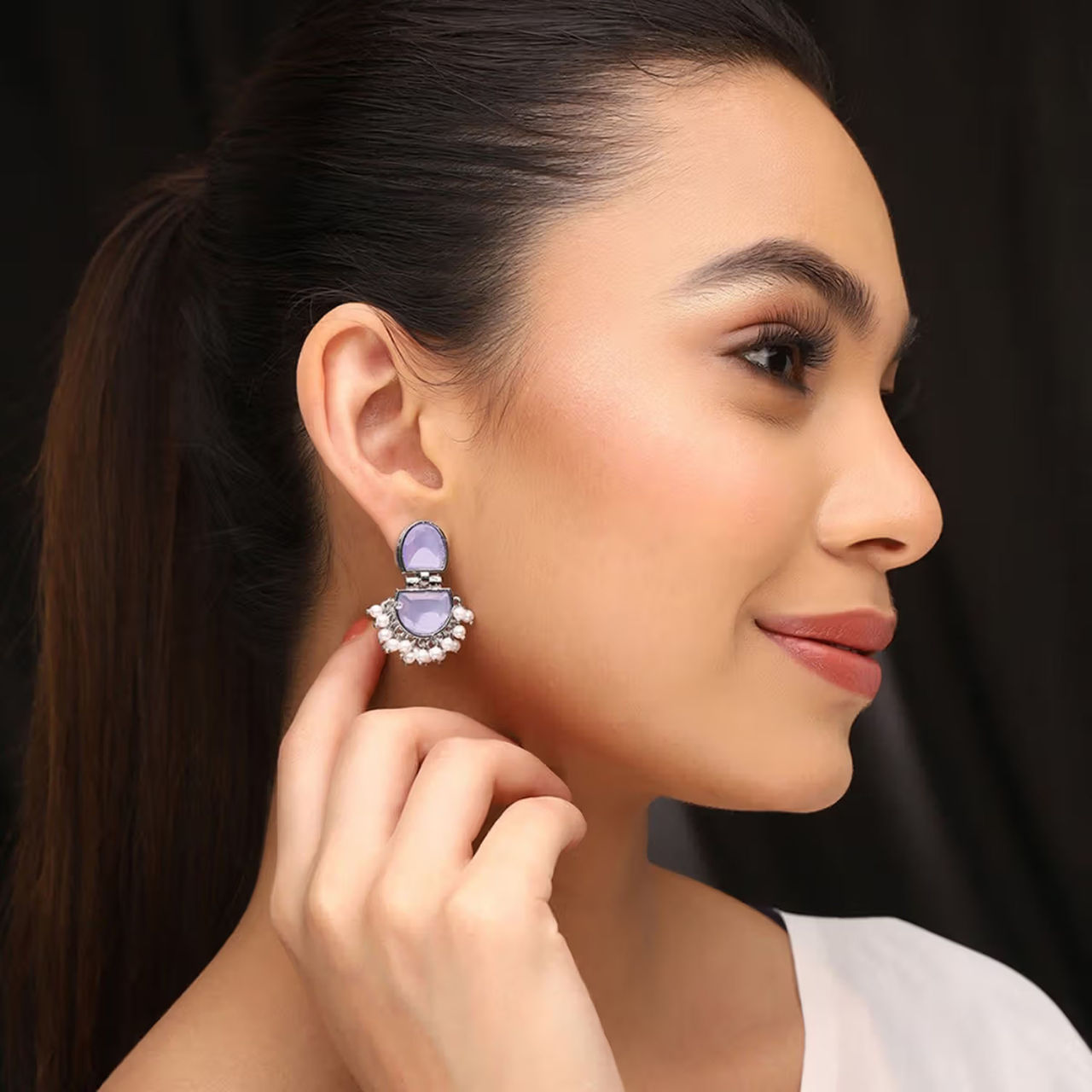 Priyaasi Lavender Crystal Drop Oxidized Pattern Earrings