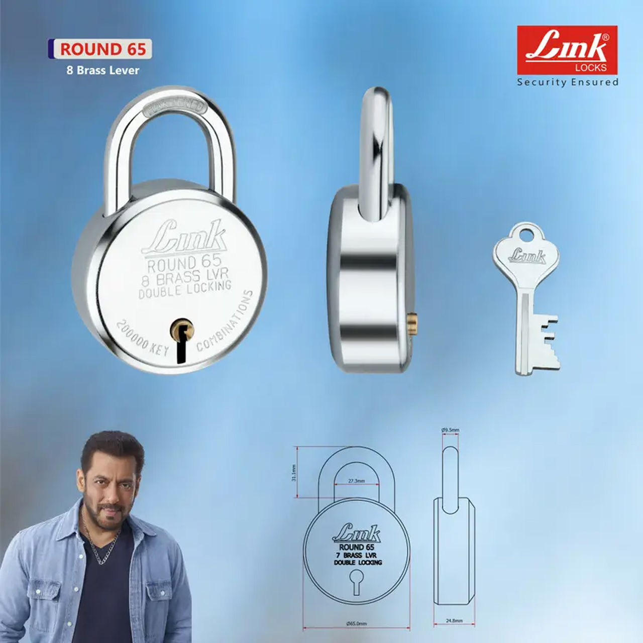 Link Locks Steel Round Lock 65mm With 3 Keys