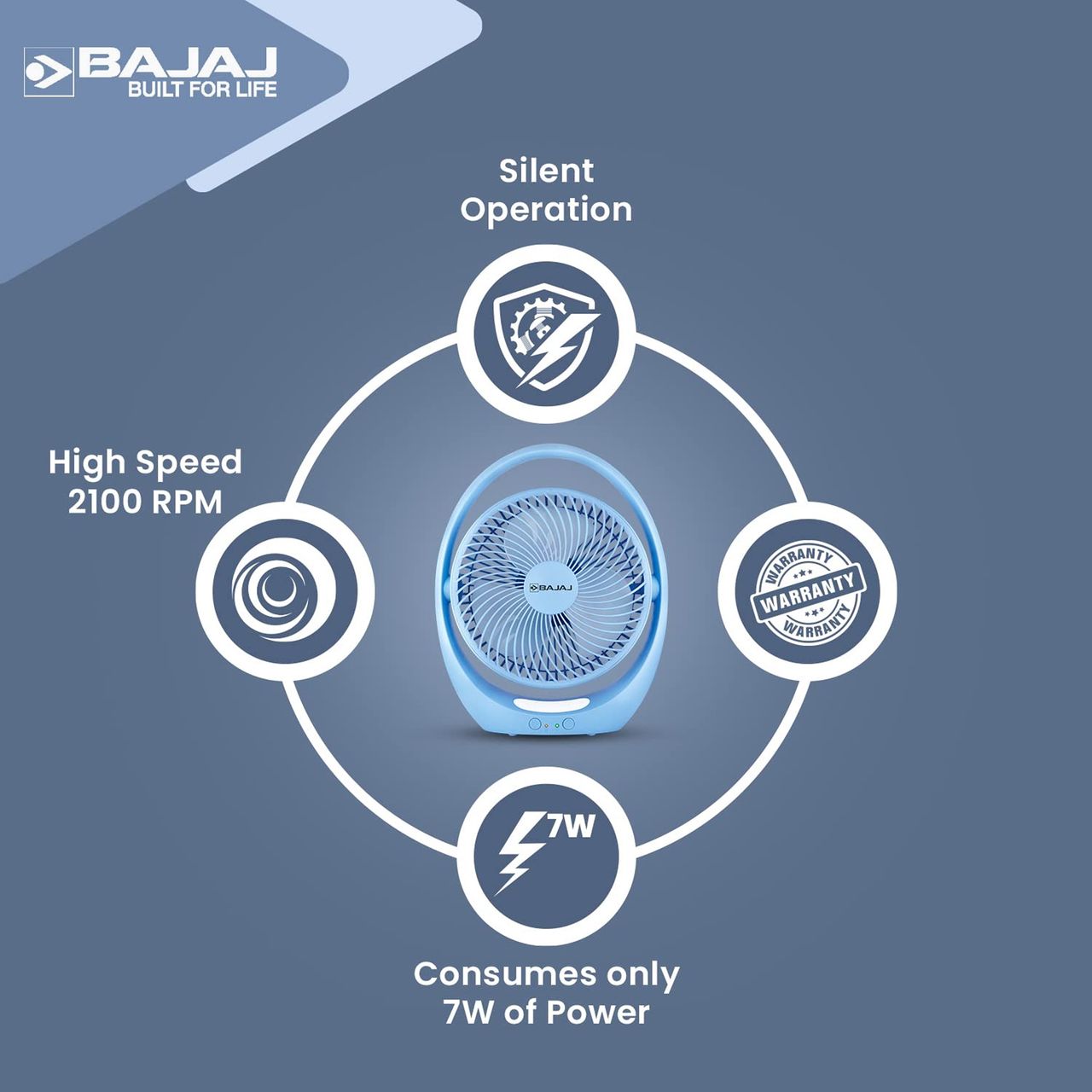 Bajaj Pygmy Go Mini USB Portable Fan,178mm,4-hours Battery Backup,3 Speed modes, LED lighting,Blue