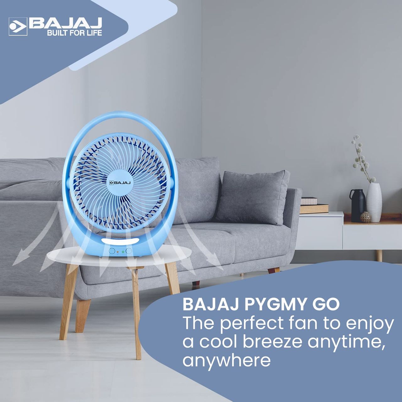 Bajaj Pygmy Go Mini USB Portable Fan,178mm,4-hours Battery Backup,3 Speed modes, LED lighting,Blue