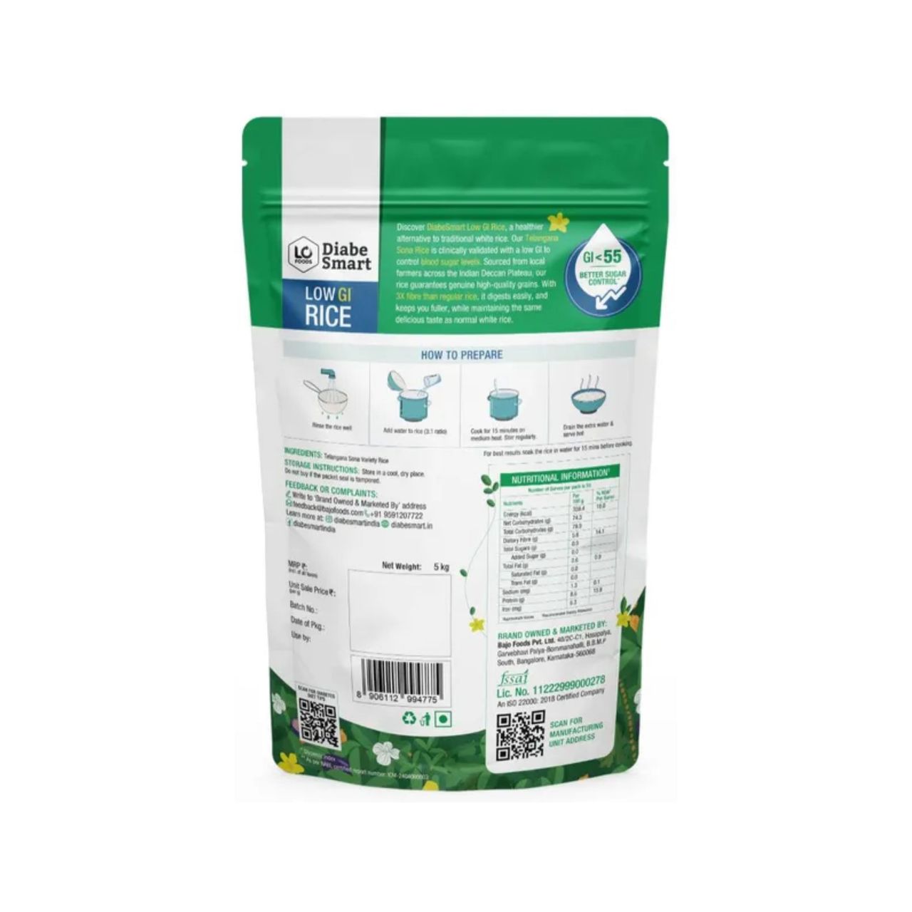 DiabeSmart Low GI Rice - Sona Masoori Diabetic Care White Rice for Sugar Control
