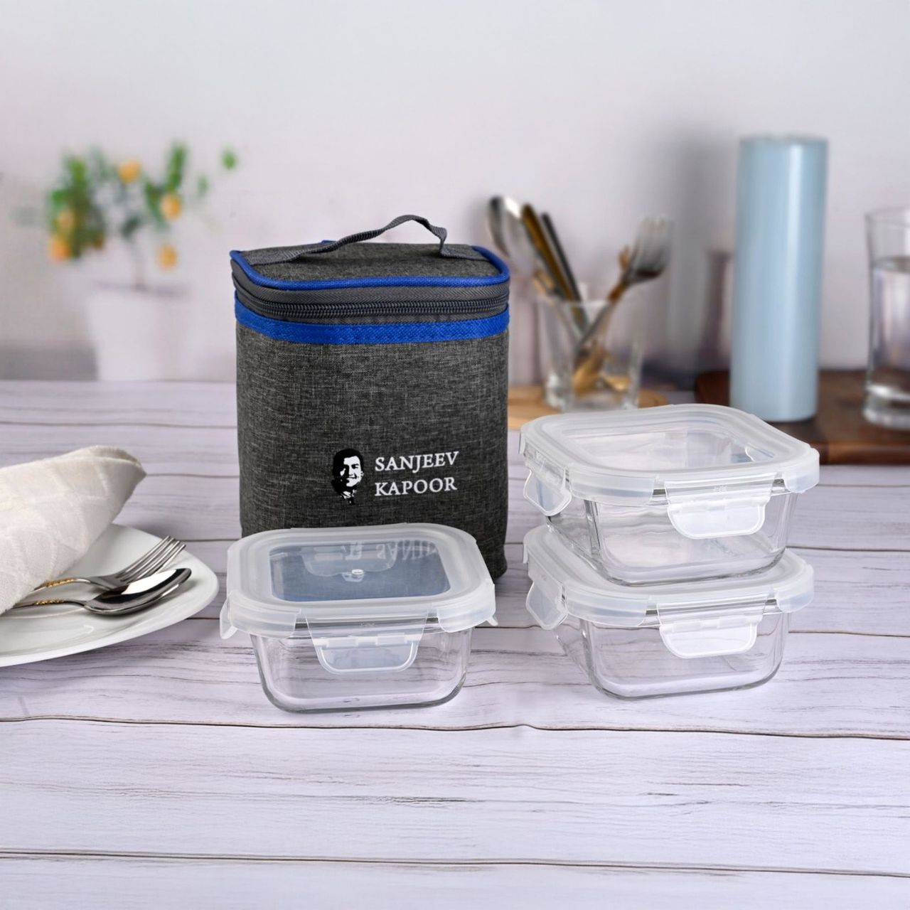 Sanjeev Kapoor Boston Square Lunch Box 3 x 400 Ml - Set Of 3 Pcs With Bag