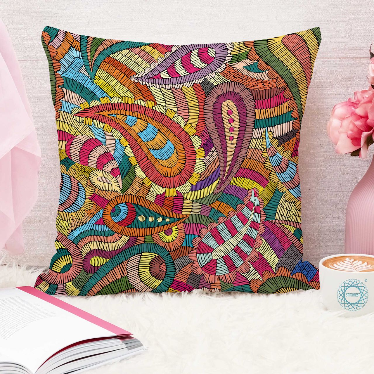 STITCHNEST Abstract Printed Cotton Canvas Cushion Covers, Set of 5 (16 x 16 Inches)