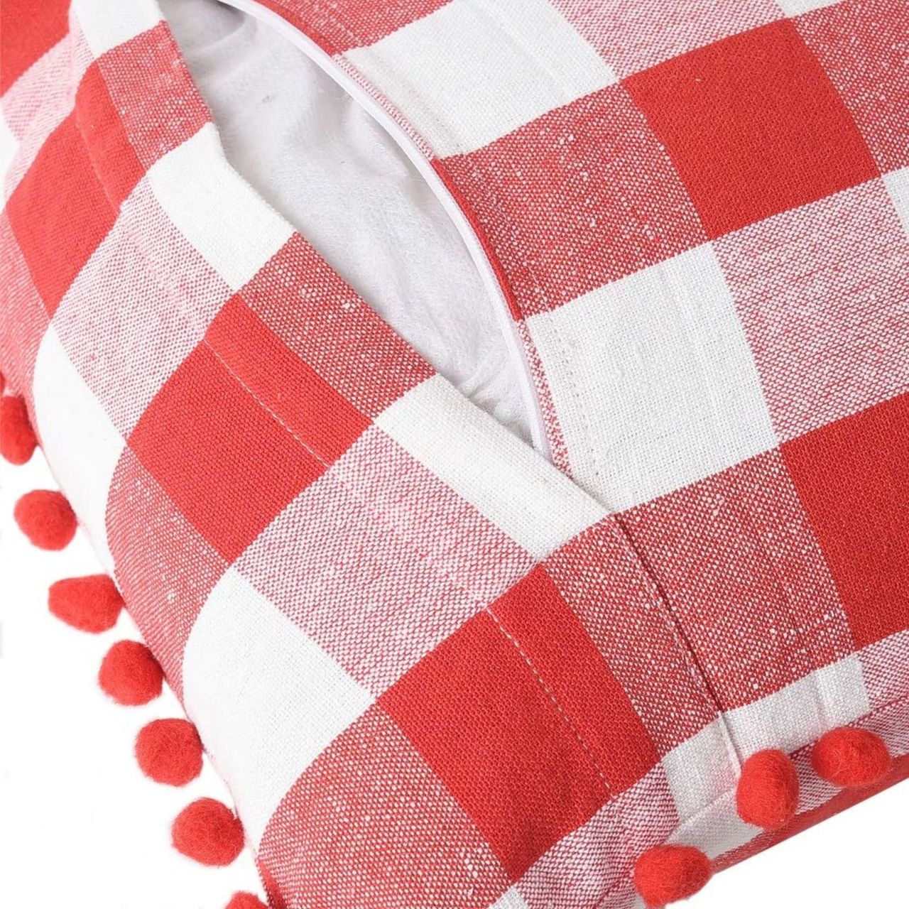 Lushomes Cotton Cushion Covers - Red White Checks | Pom Pom | 24 x 24 inch