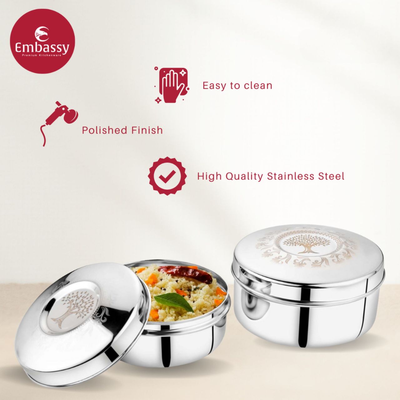 Embassy Nexa Storage Containers / Laser-Design Dabbas, Set Of 2 (400,700 Ml), Stainless Steel