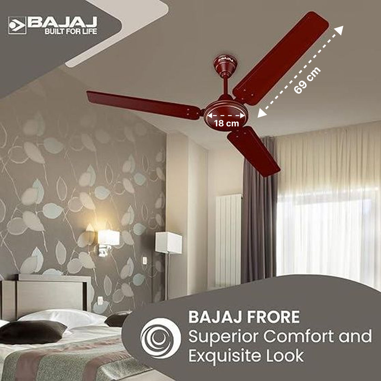 Bajaj Frore Ceiling Fans, 1200mm/48 Inches, 1 Star Rated, BEE Star Rated Energy Efficient, Brown