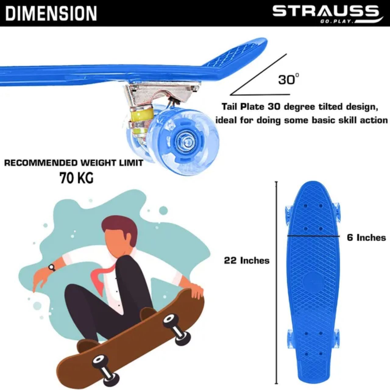Strauss Cruiser Penny Board with LED Wheels, (Blue)
