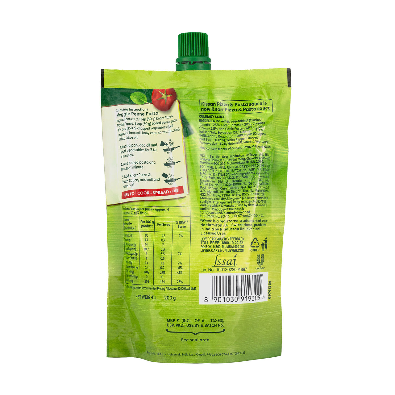 Knorr Sauce Pizza And Pasta (200g) & The Health Factory Zero Maida Pizza Base | Clean Label - Not Brown (140g) Combo