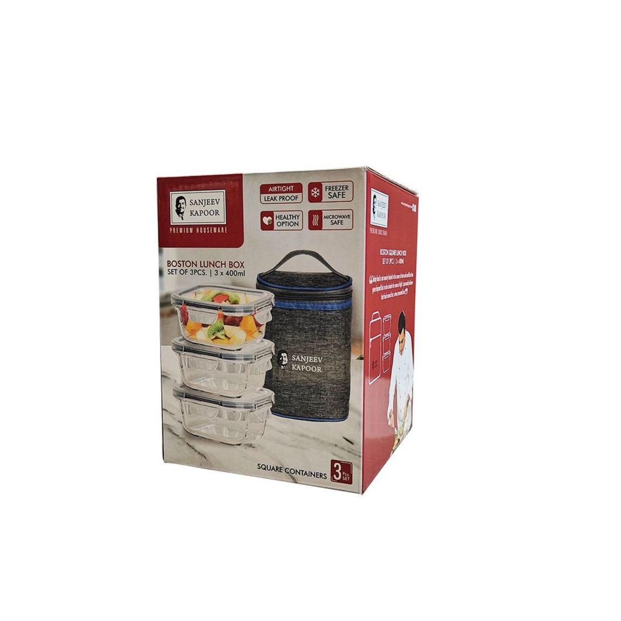 Sanjeev Kapoor Boston Square Lunch Box 3 x 400 Ml - Set Of 3 Pcs With Bag