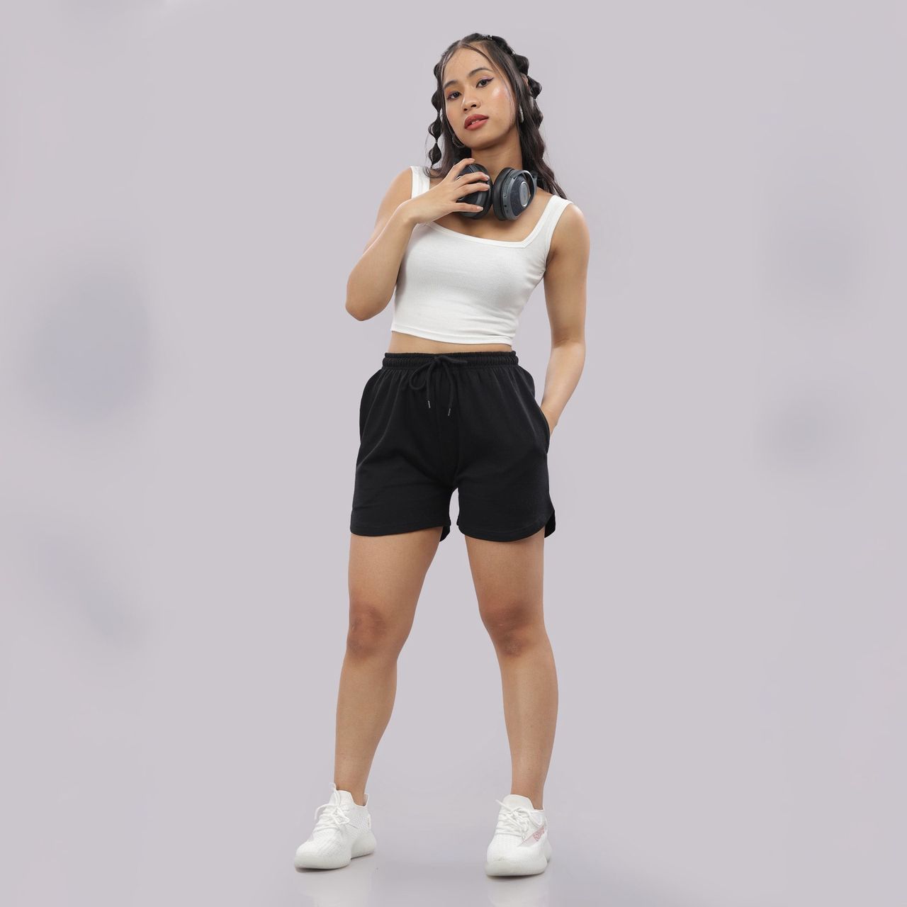Springman Solid Black shorts With Elastic & Drawstring For Women | L