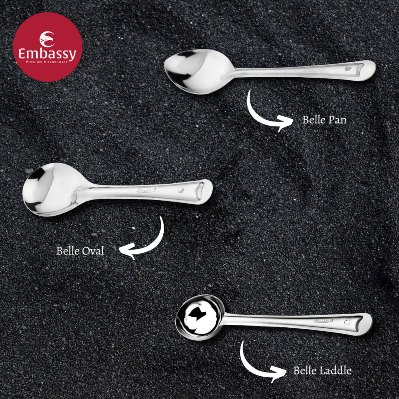 Raffles Serving Spoon Set (Laddle, Oval, Pan), Size 2, For Serving Rice, Dal, Gravy, Stainless Steel