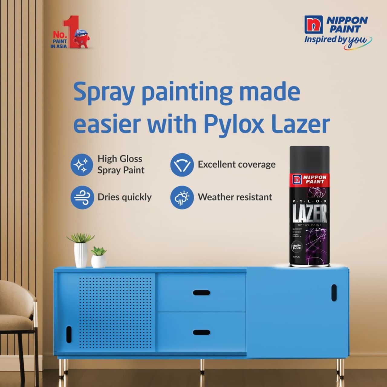 Nippon Pylox Spray Paint  | Matt Black | Fast-Drying & Multi-Surface