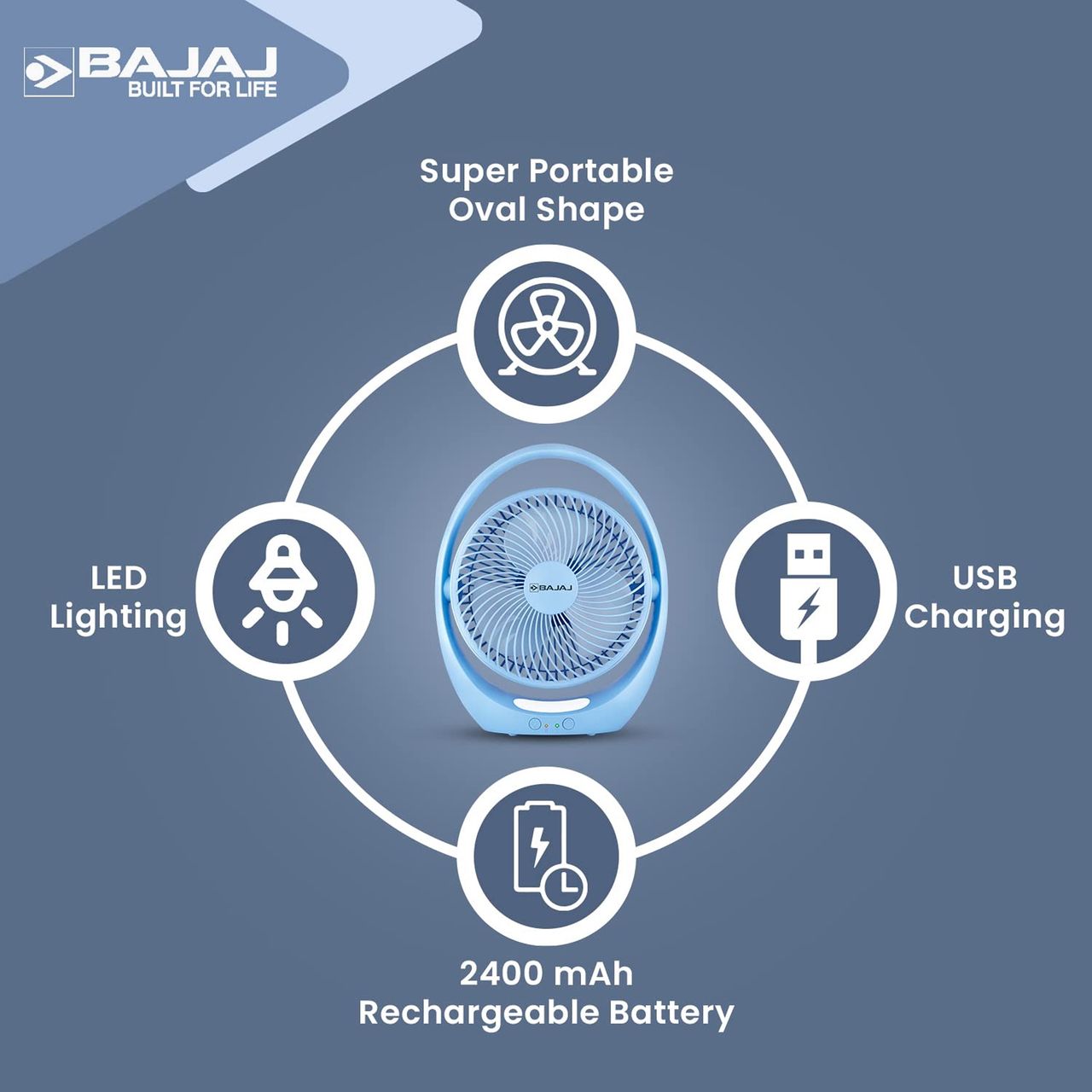Bajaj Pygmy Go Mini USB Portable Fan,178mm,4-hours Battery Backup,3 Speed modes, LED lighting,Blue