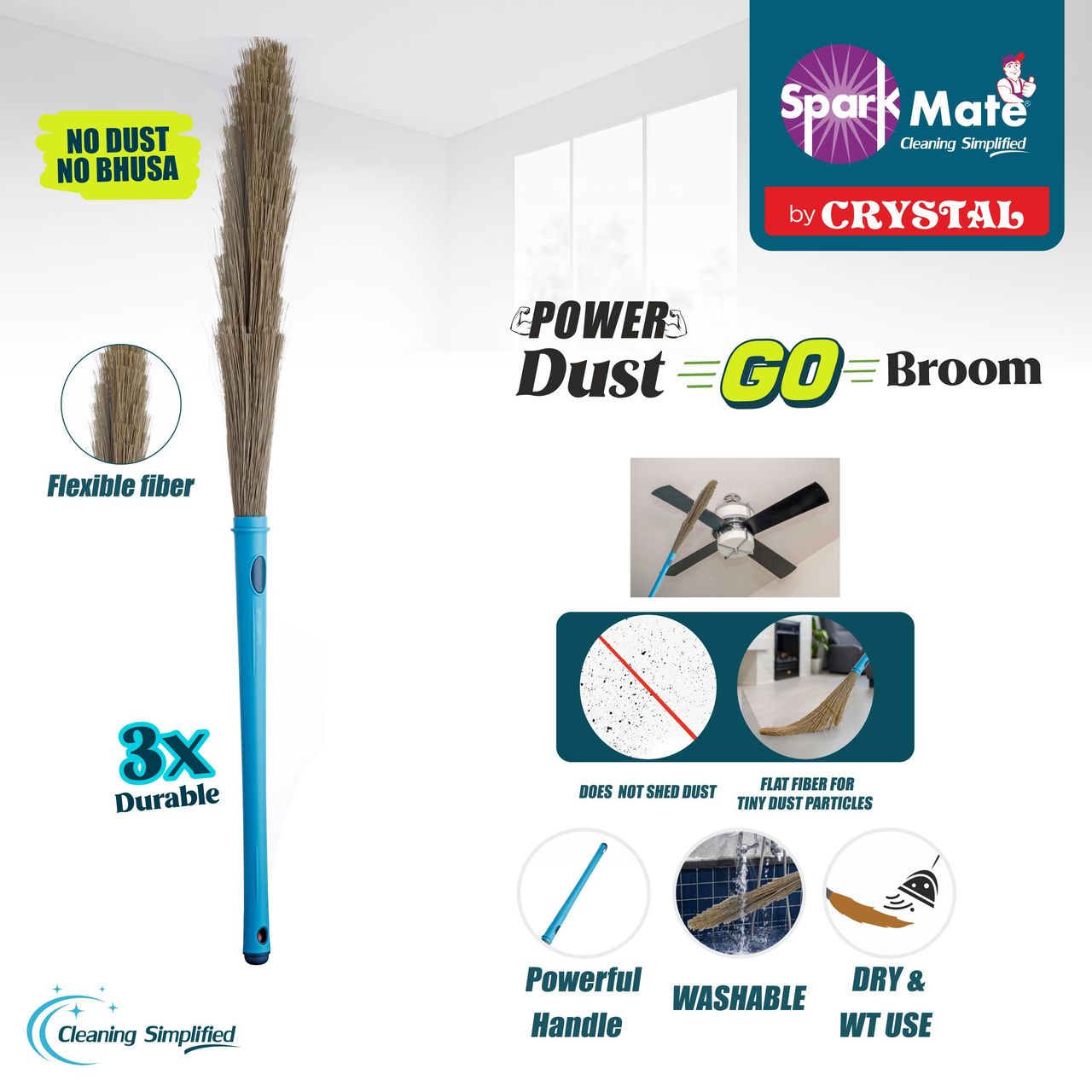 Sparkmate By Crystal No Dust Broom - Jhadu Xtra Long Handle Easy Floor Cleaning
