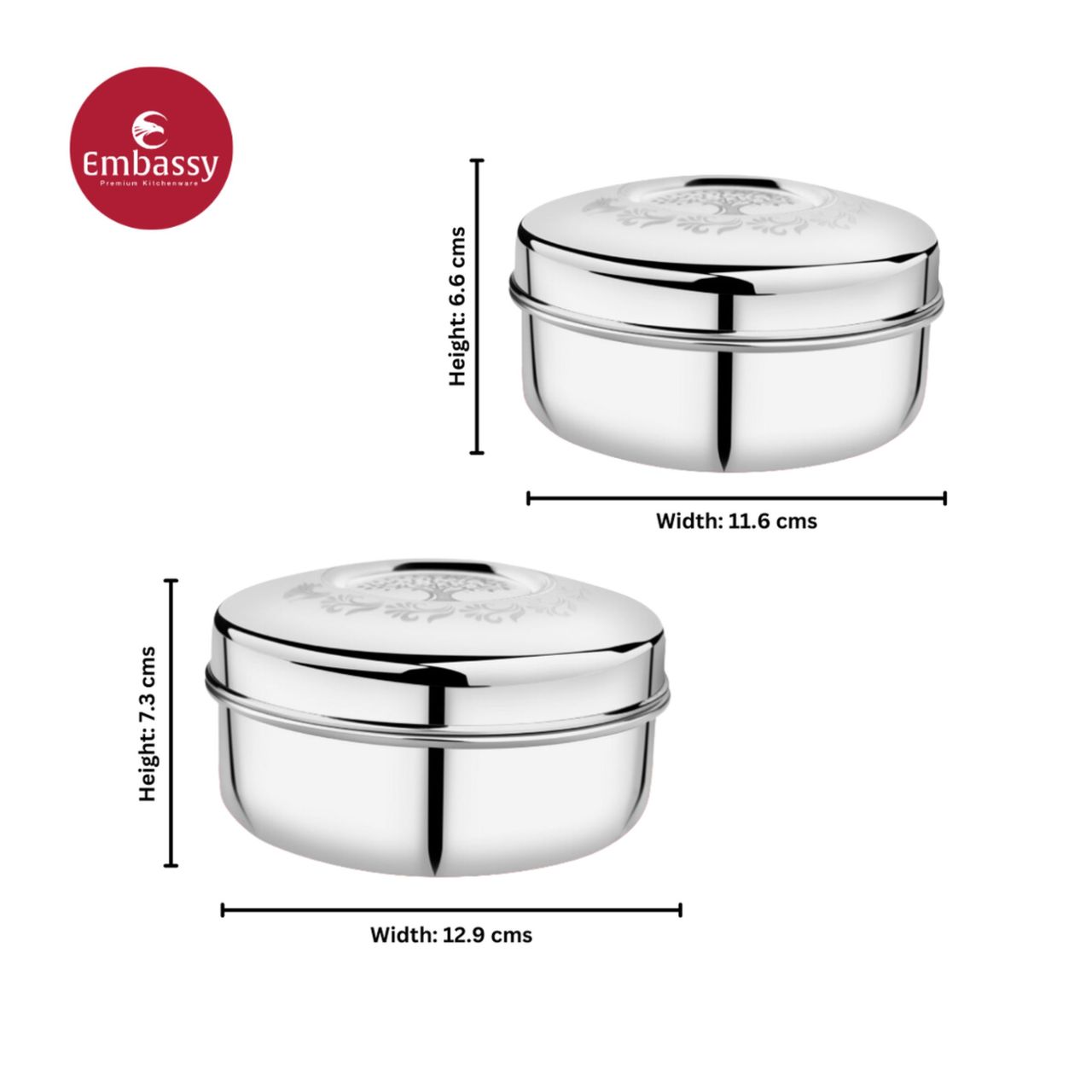 Embassy Nexa Storage Containers / Laser-Design Dabbas, Set Of 2 (400,700 Ml), Stainless Steel