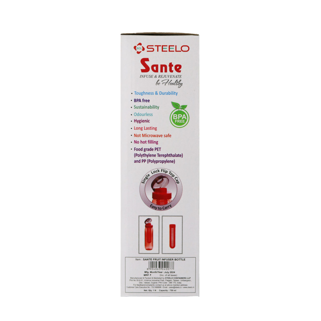Steelo Plastic Sante Infuser Bottle | Assorted - 750 ml