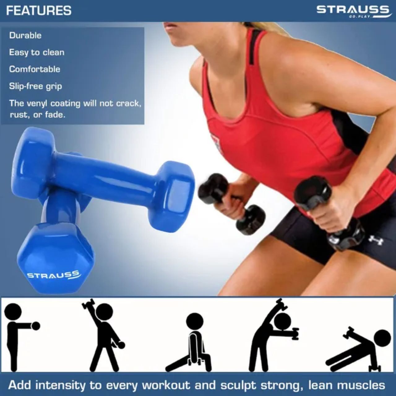 Strauss Vinyl Dumbbell, 4 KG (Pair), 2 KG Each, (Blue)