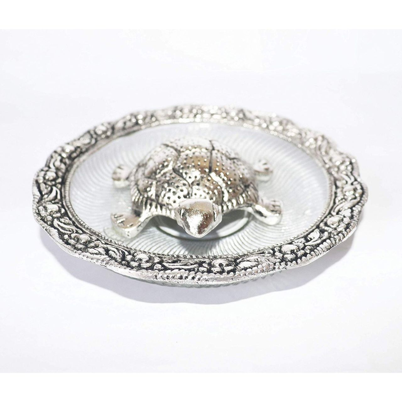 Devnidhii Tortoise/ Turtle/Kachua Silver Polish Big Size on Glass Plate Vastu Feng Shui
