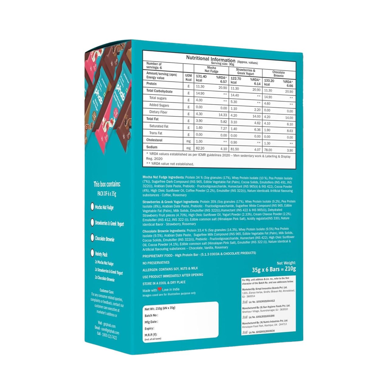 Phab Variety Pack 11G Protein Bars | Blend Of Premium Whey Protein - Pack Of 6