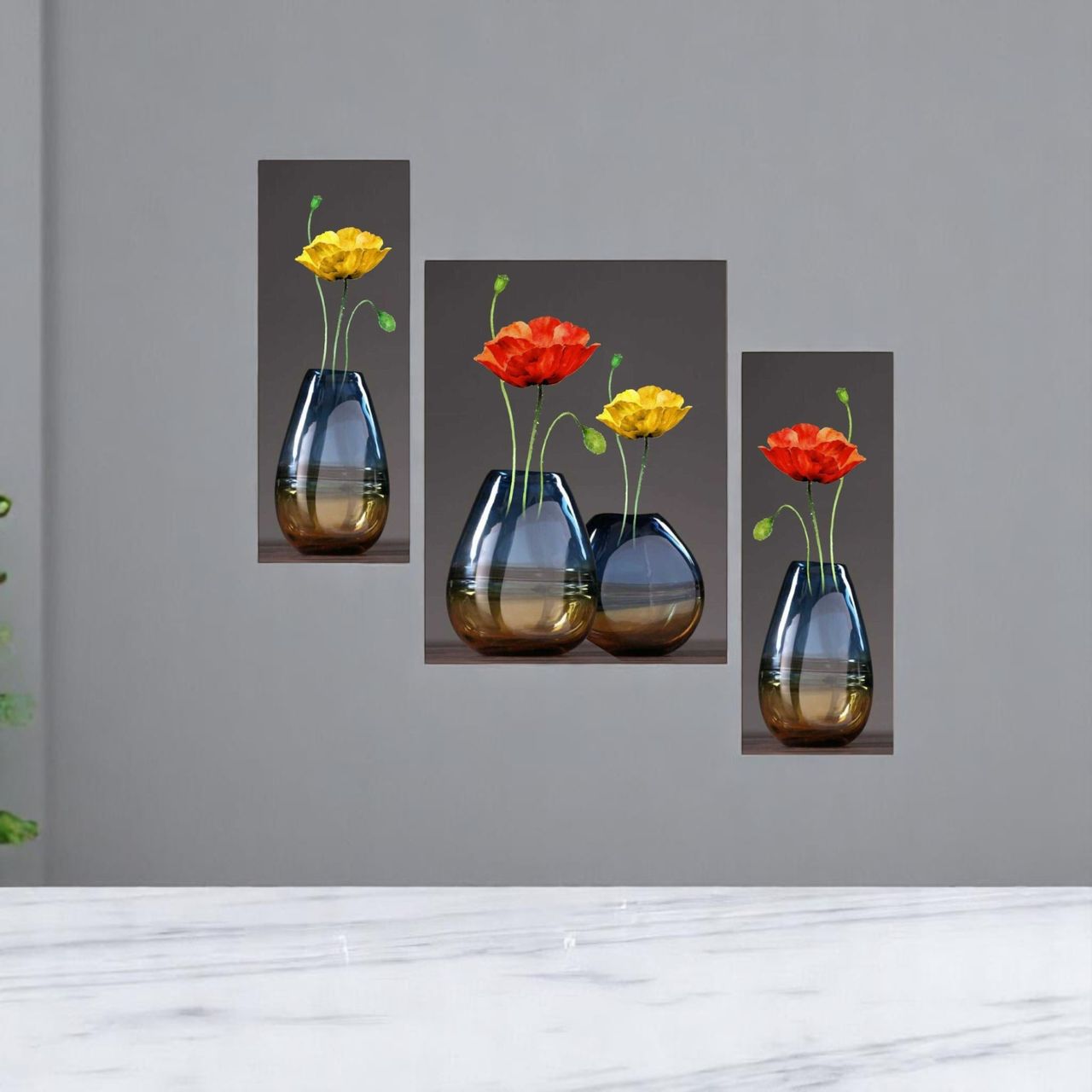 Saf Flower Pot Paintings With Frame Digital Reprint 18 Inch X 12 Inch (With Frame, Pack Of 3)