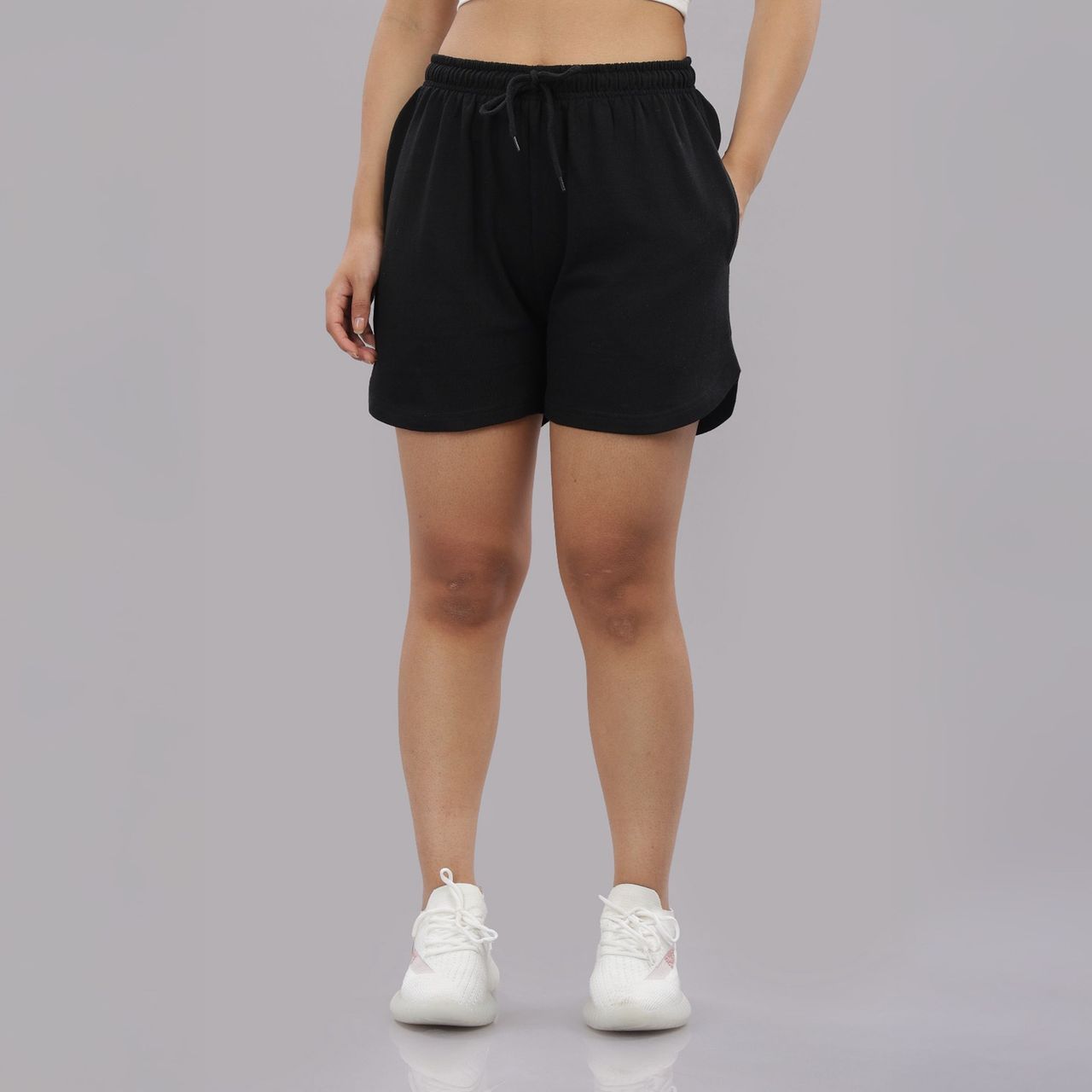 Springman Solid Black shorts With Elastic & Drawstring For Women | L
