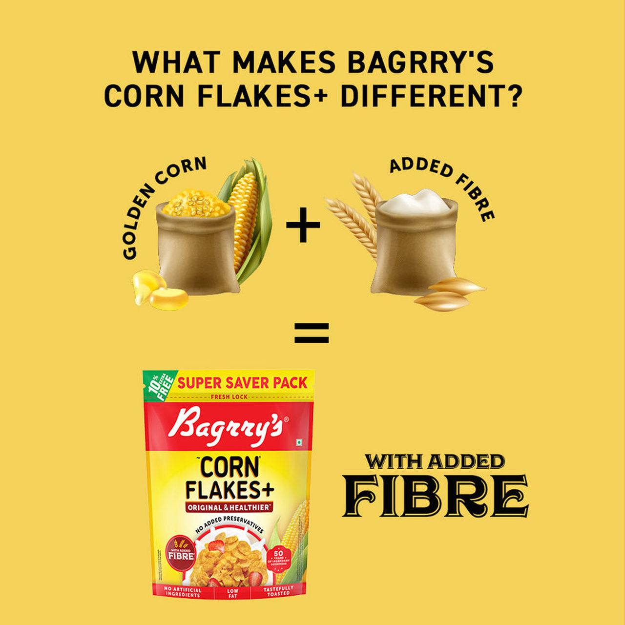 Bagrrys Corn Flakes Plus Original Healthier - Added Fibre 800 g Combo