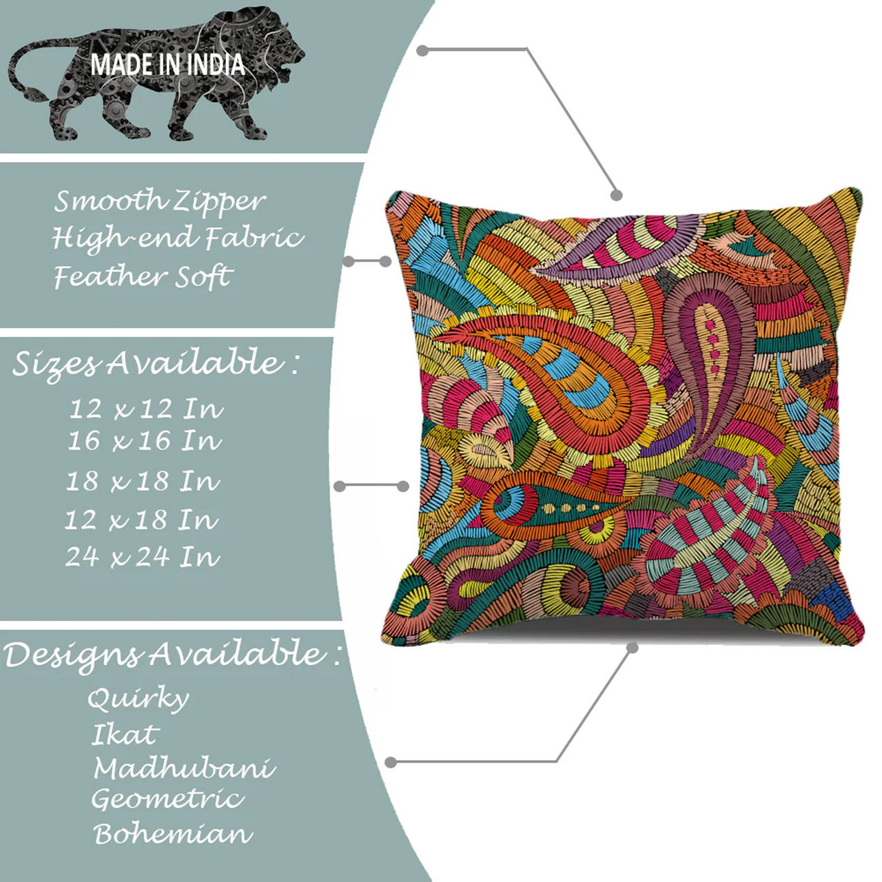 STITCHNEST Abstract Printed Cotton Canvas Cushion Covers, Set of 5 (16 x 16 Inches)