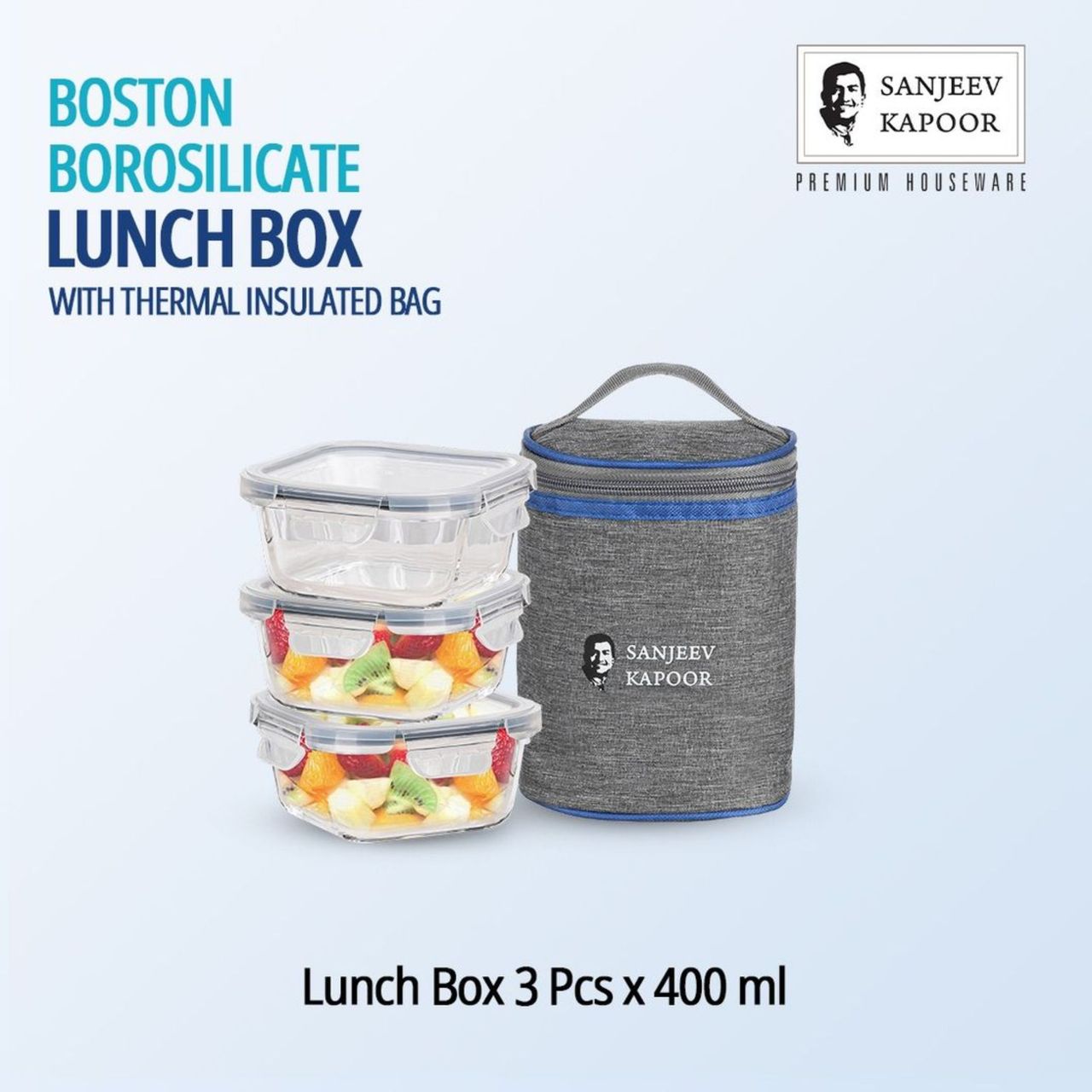 Sanjeev Kapoor Boston Square Lunch Box 3 x 400 Ml - Set Of 3 Pcs With Bag