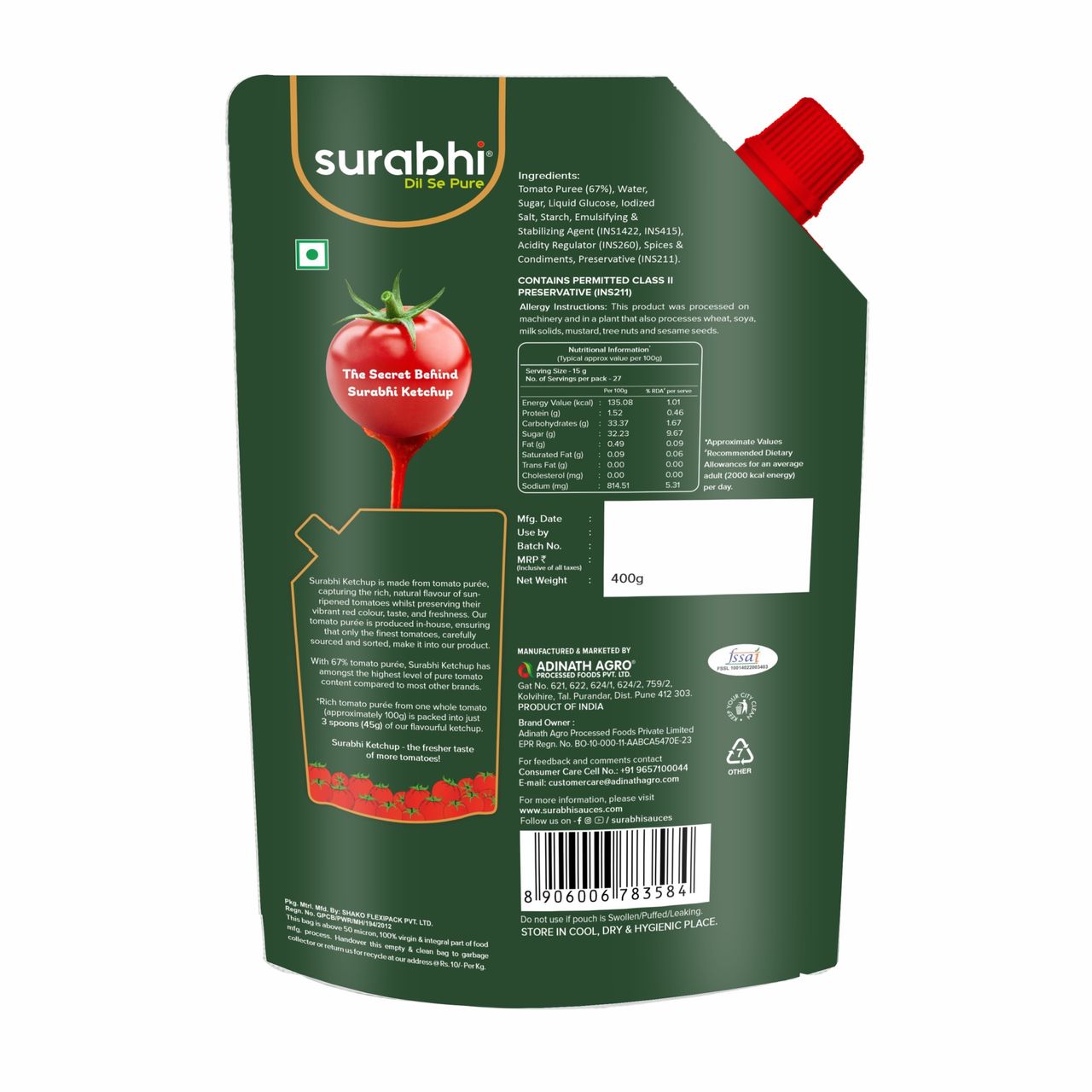 Surabhi Tomato Ketchup Pouch | No Onion No Garlic | No Artificial Colours & Flavours