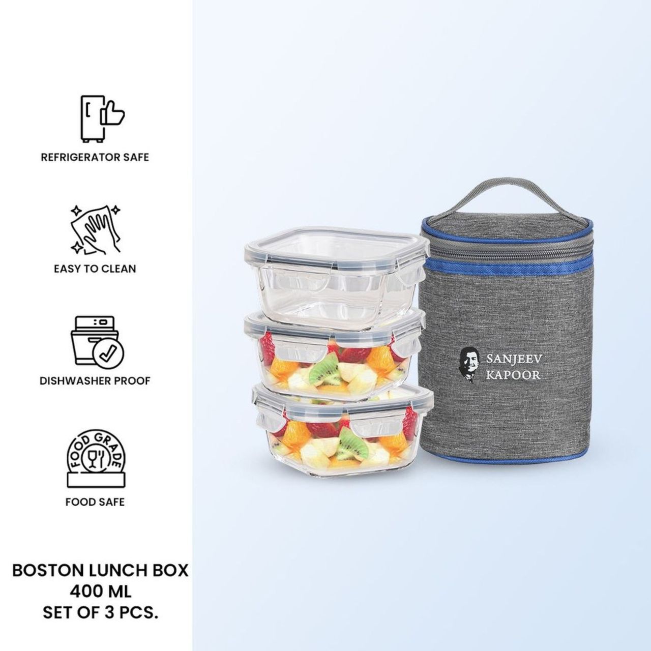 Sanjeev Kapoor Boston Square Lunch Box 3 x 400 Ml - Set Of 3 Pcs With Bag