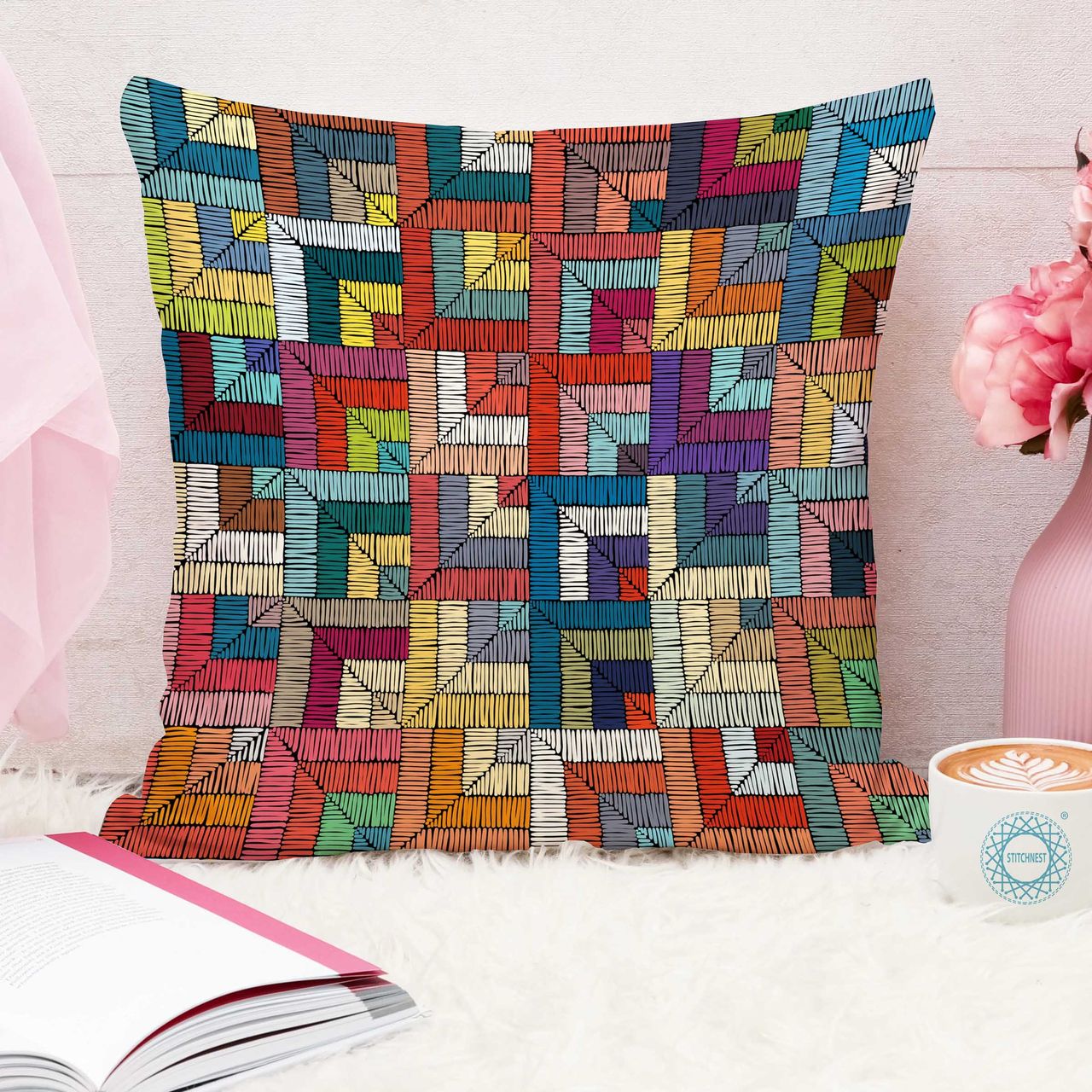 STITCHNEST Abstract Printed Cotton Canvas Cushion Covers, Set of 5 (16 x 16 Inches)