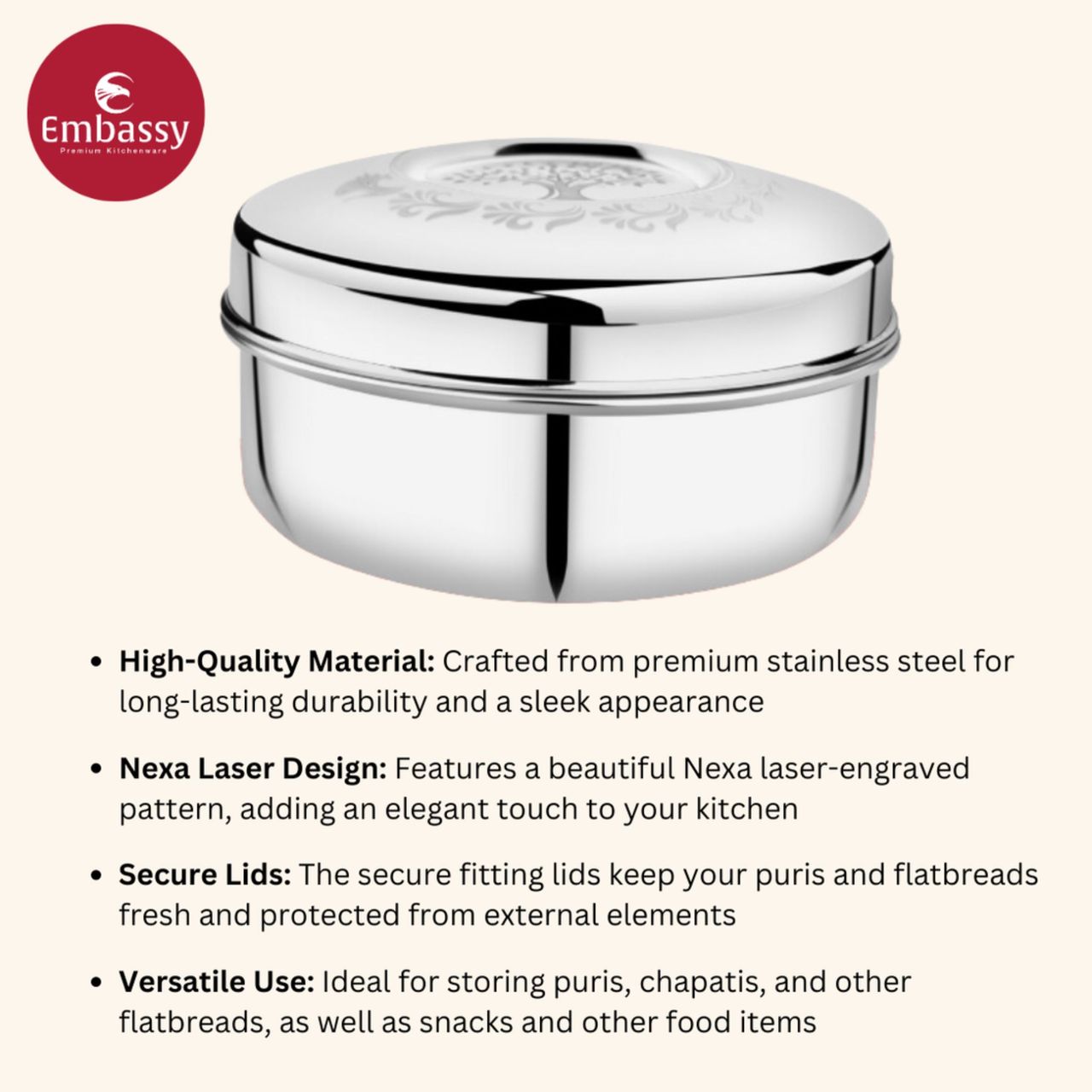 Embassy Nexa Storage Containers / Laser-Design Dabbas, Set Of 2 (400,700 Ml), Stainless Steel