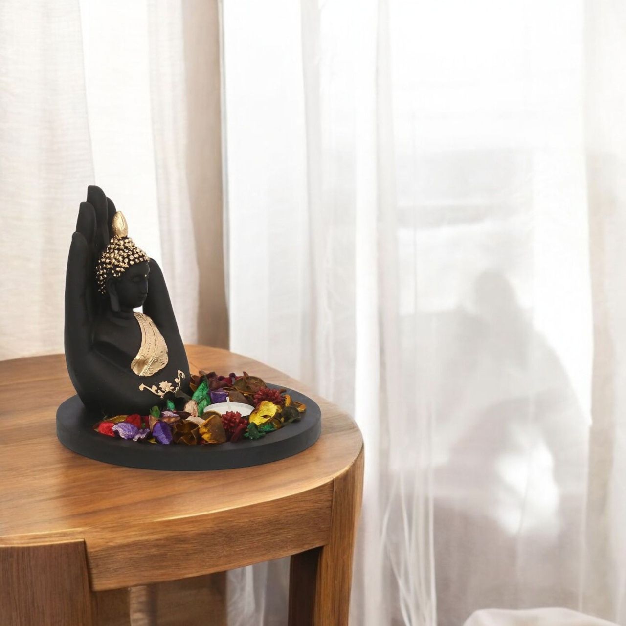 eCraftIndia Majestic Black and Golden Polyresin Palm Buddha Statue with Wooden Base