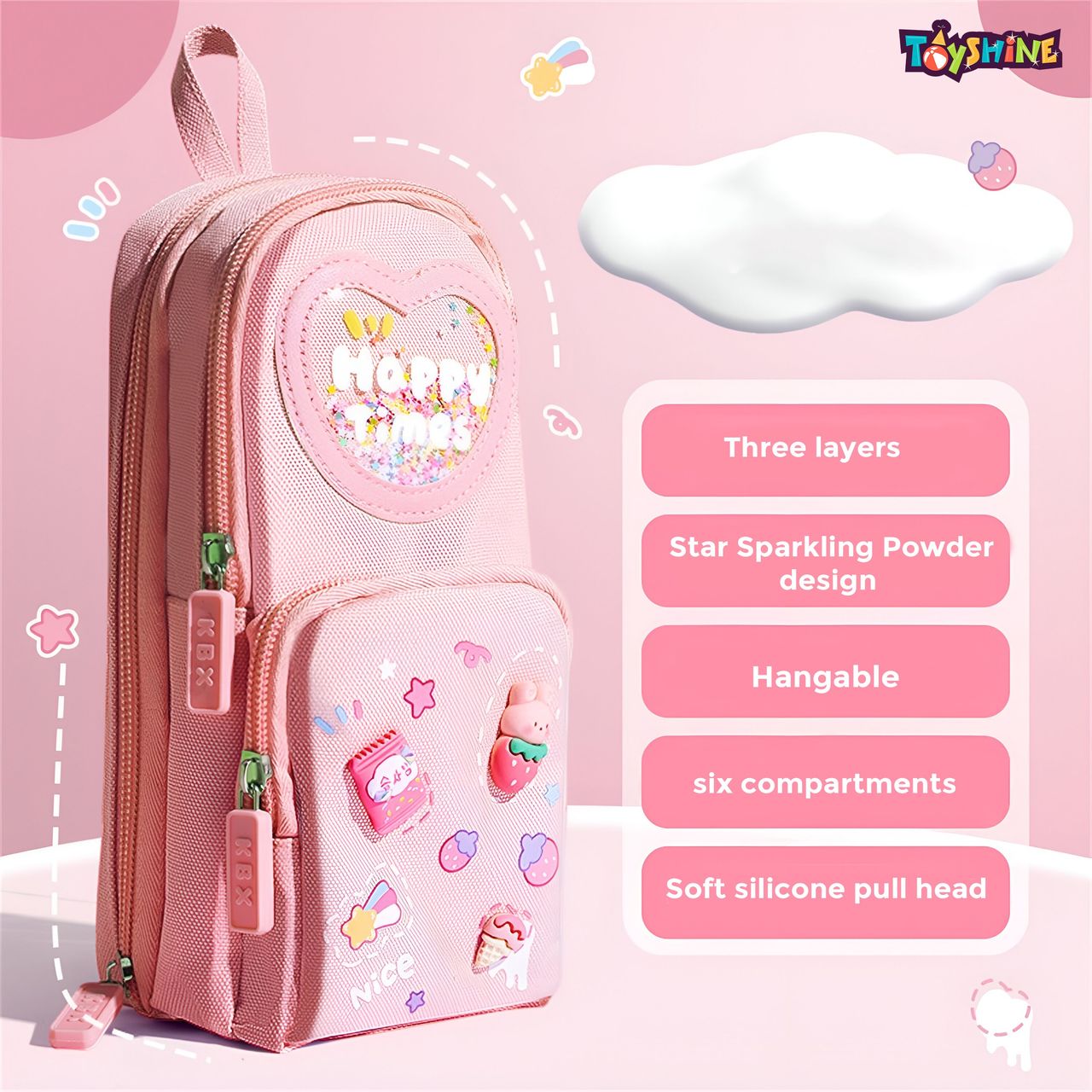 Toyshine 3 Layer Large Capacity Handheld Multifunctional Pencil Pouch for School Kids - Pink