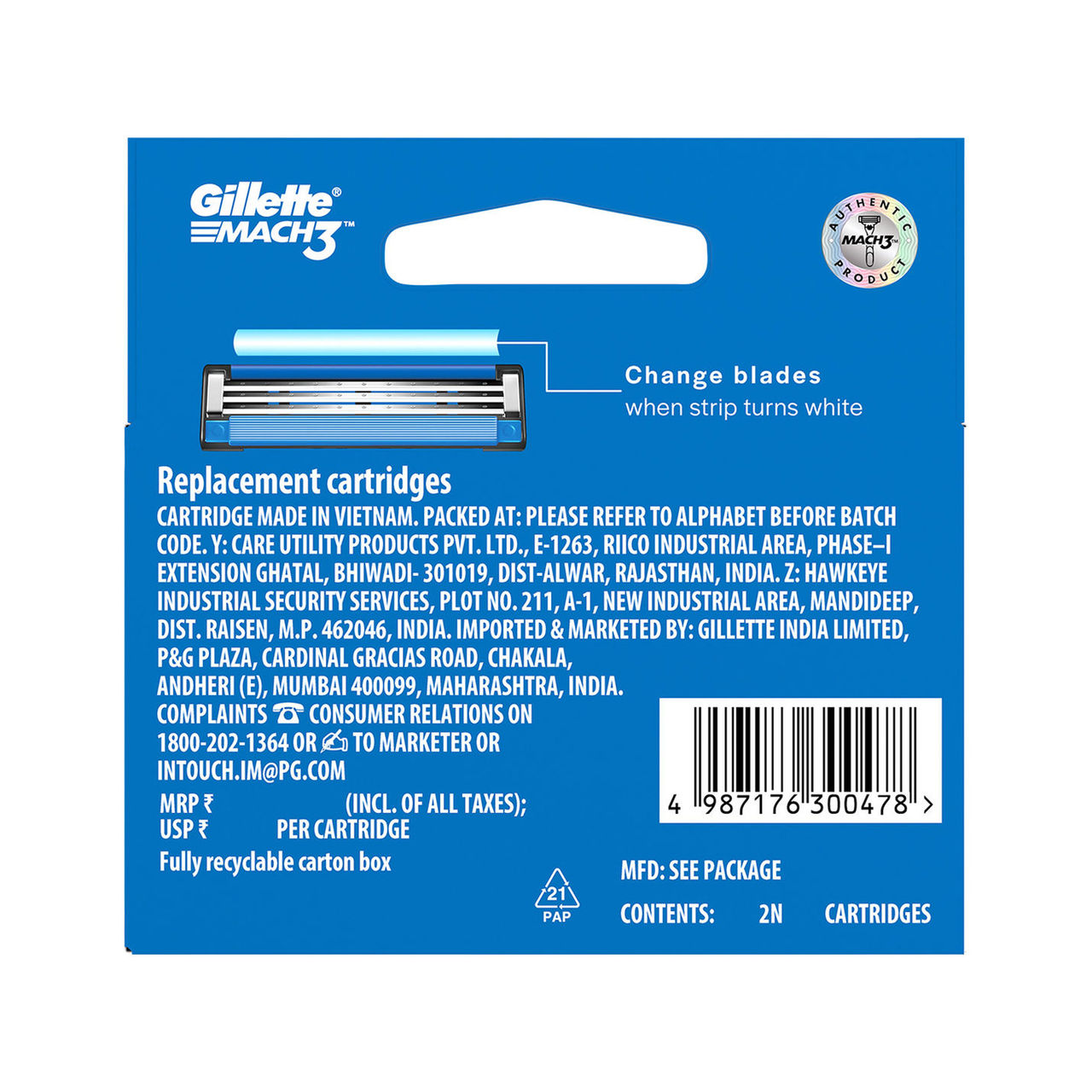 Gillette Mach 3 Shaving Razor Blades For Men (2 Cartridges)